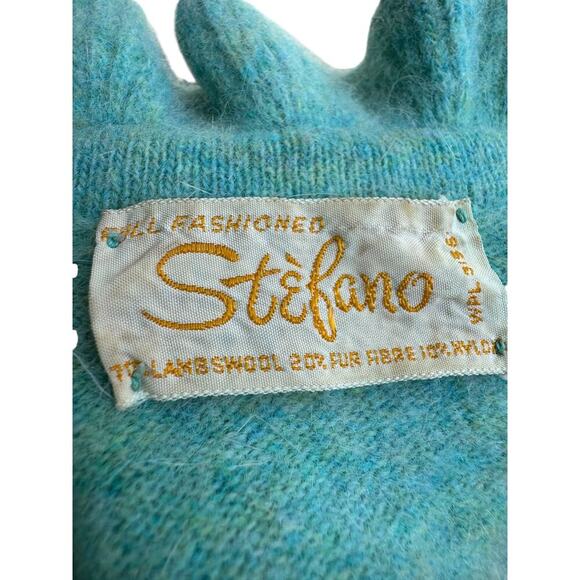 Vintage Stefano WPL 3156 Wool Blend Cardigan Aqua Blue Ruffle Neck - Picture 3 of 6